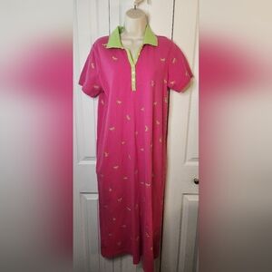 Quacker Factory dragon fly sleep shirt dress pink lime green midi 100% cotton